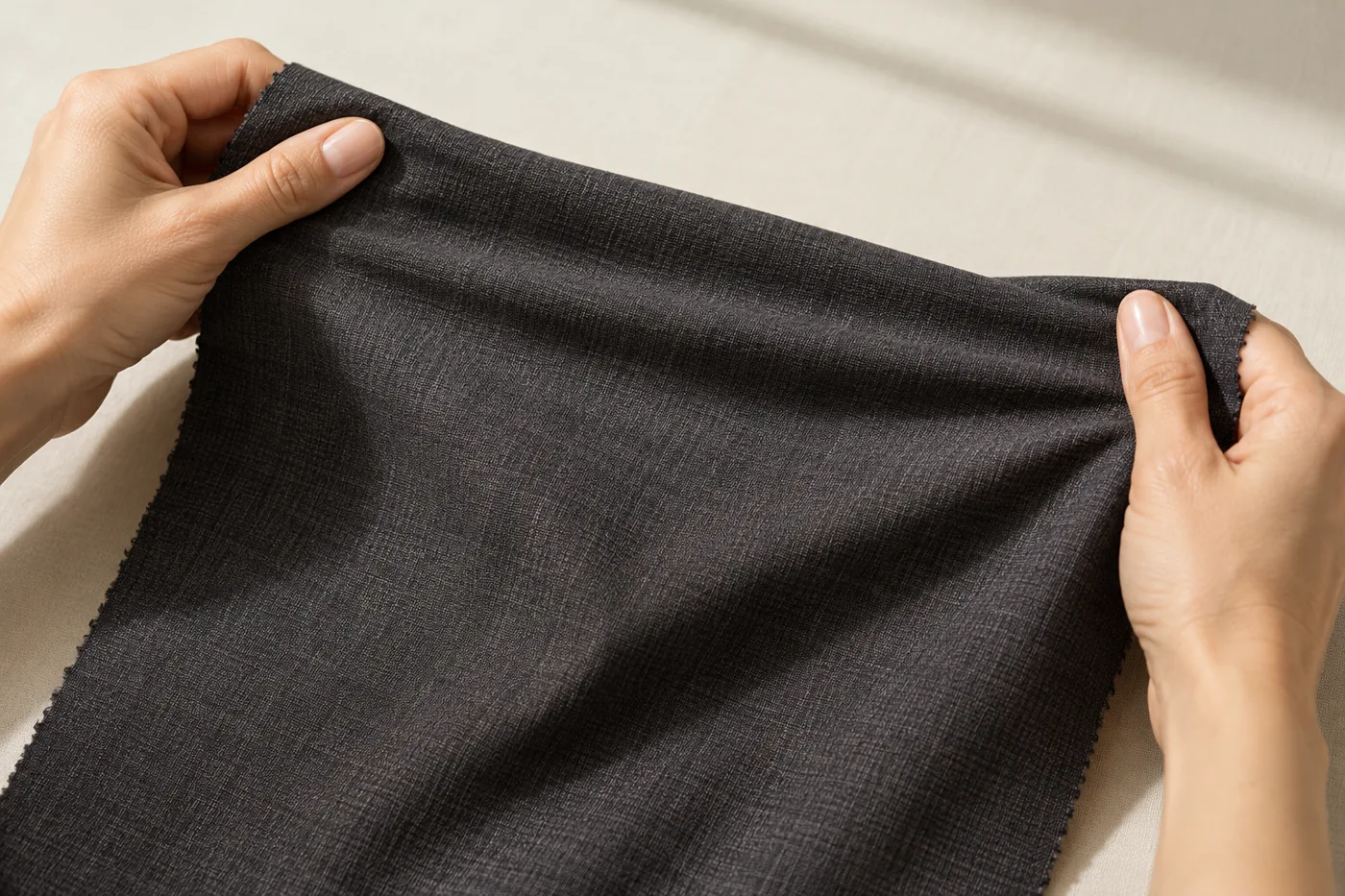 Hands gently stretching a charcoal woven fabric swatch to inspect its give.