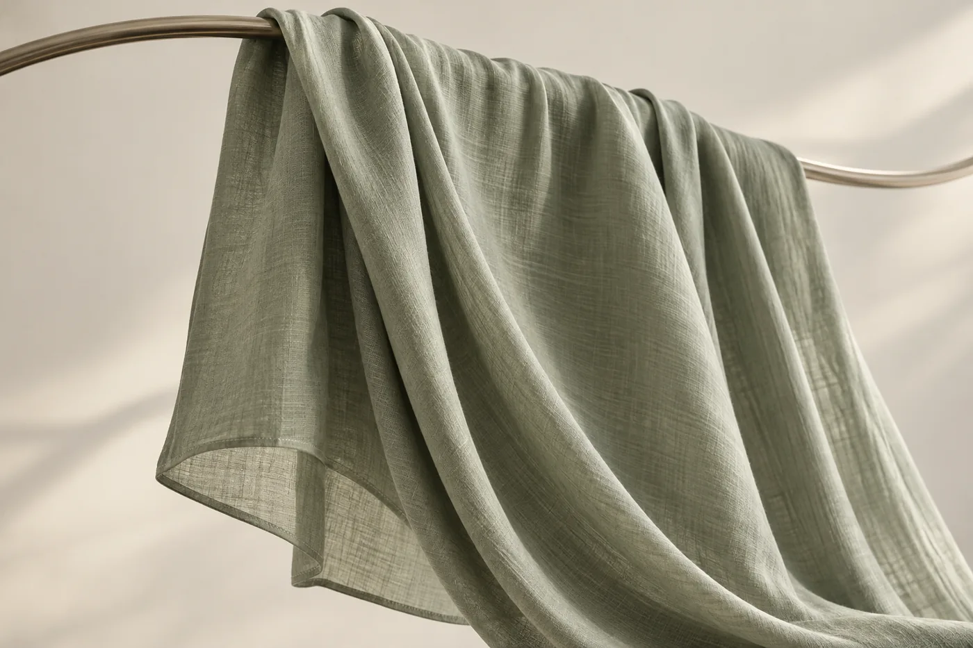Sage green woven fabric draped over a rail, showing soft folds and a sheer edge.