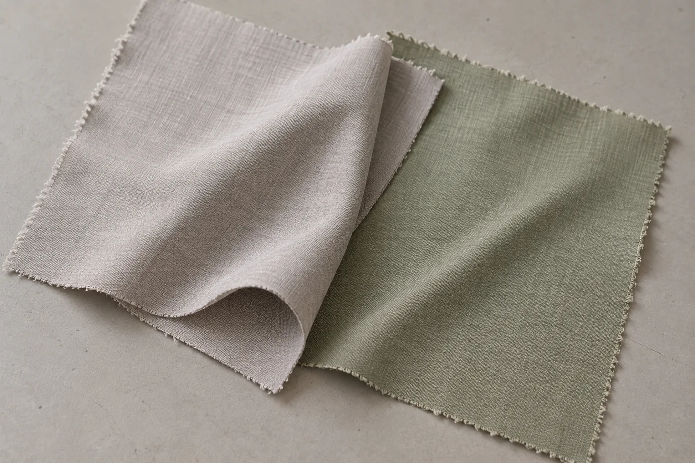 Pale gray and sage green woven swatches overlapping on a tabletop.
