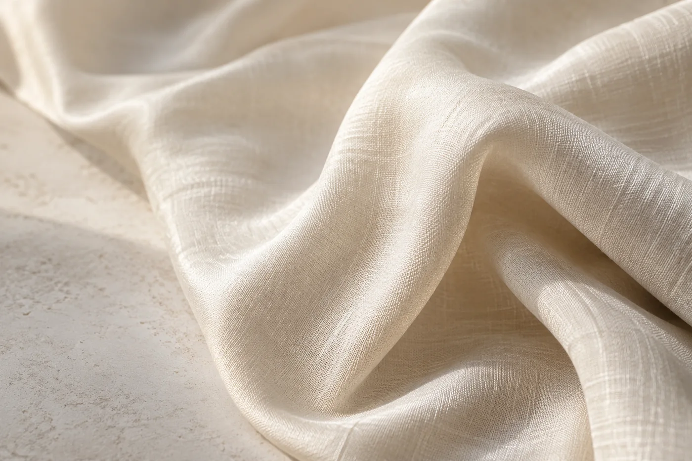 Ivory fabric arranged in soft folds with a subtle sheen in natural light.