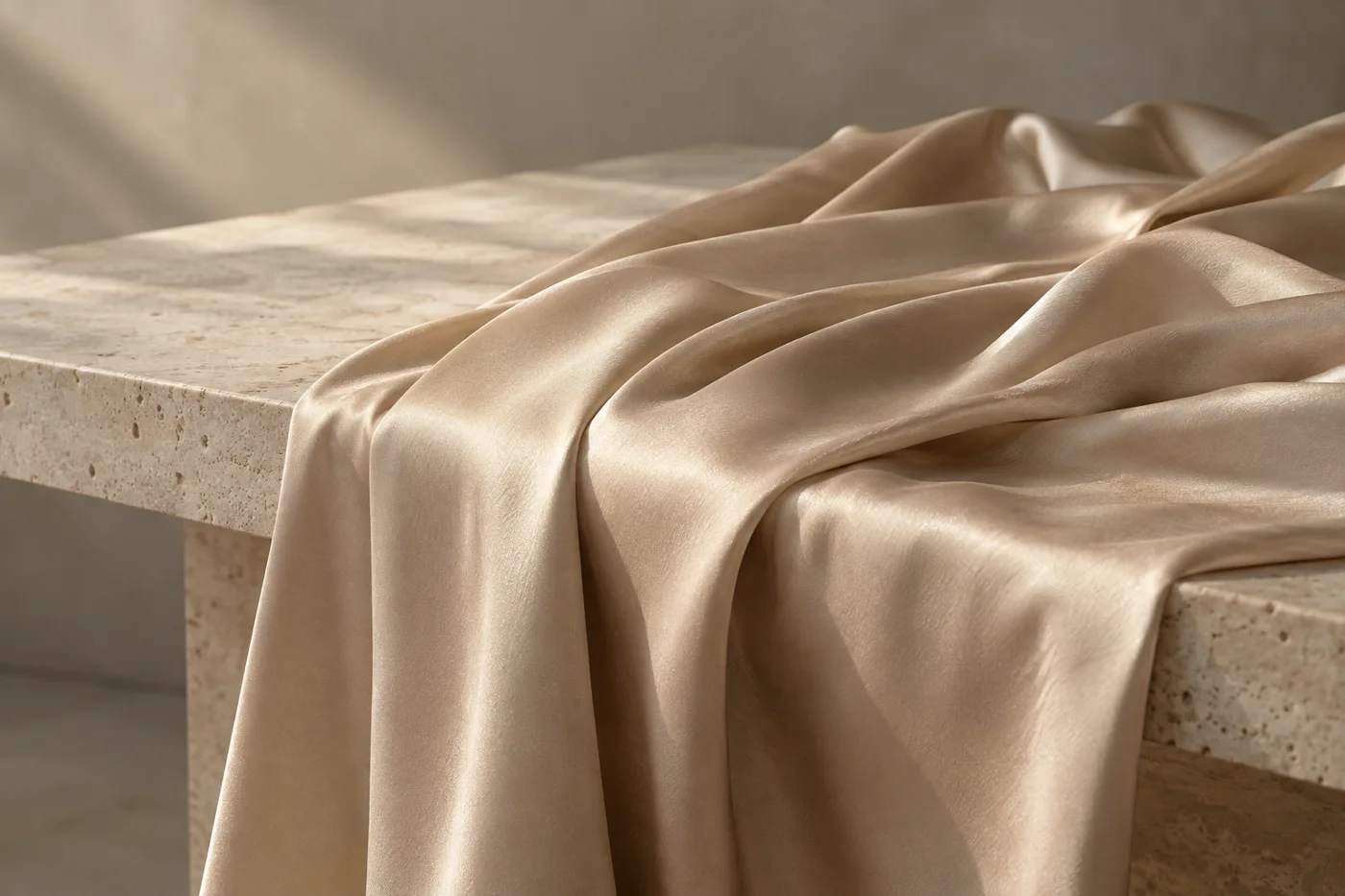 Champagne colored lustrous fabric falling in fluid folds over a table edge.