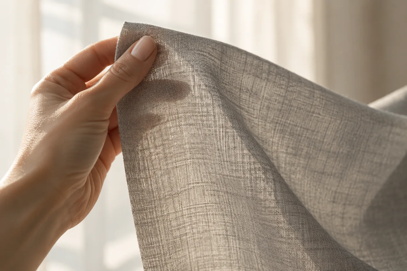 A hand holding a light woven fabric swatch against window light, revealing its yarn structure.