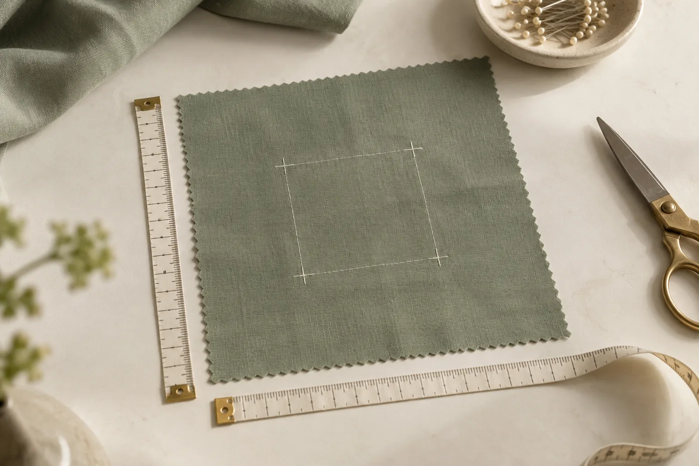 A sage green fabric swatch marked for dimensional checks, with rulers along two edges.