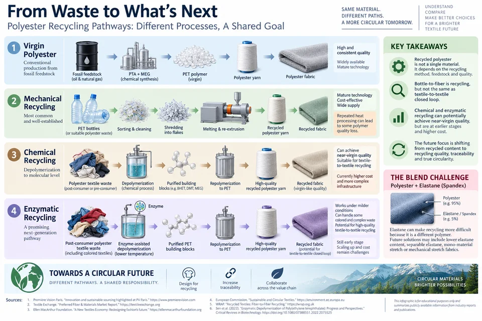 Comparison of virgin, mechanical, chemical and enzymatic polyester pathways, with textile-to-textile recycling takeaways and the polyester-elastane blend challenge